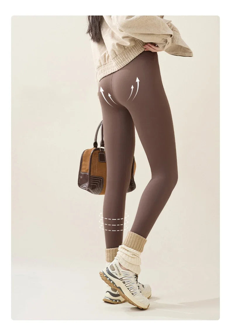 New Autumn Winter Rabbit Fleece Sharkskin Leggings Women Casual Basic Thicken Warm Leggings Brown Fleece Lined Tights