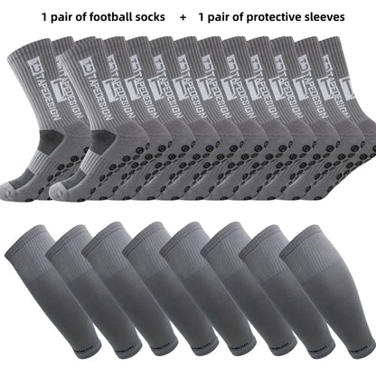 1 pair of football socks+1 pair of protective sleeves Football Socks for Men and Women Anti-Slip Grip Comfortable