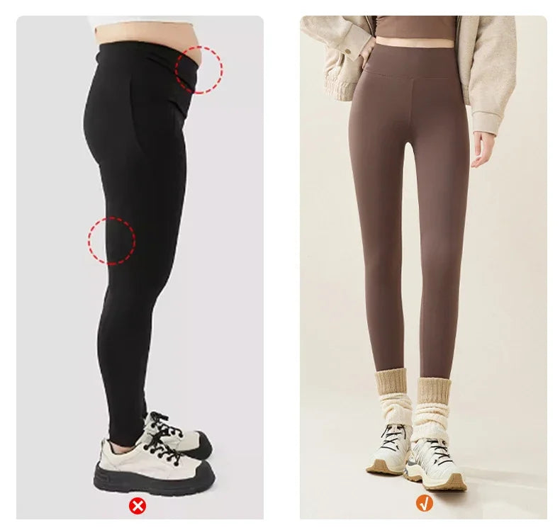 New Autumn Winter Rabbit Fleece Sharkskin Leggings Women Casual Basic Thicken Warm Leggings Brown Fleece Lined Tights