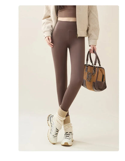 New Autumn Winter Rabbit Fleece Sharkskin Leggings Women Casual Basic Thicken Warm Leggings Brown Fleece Lined Tights