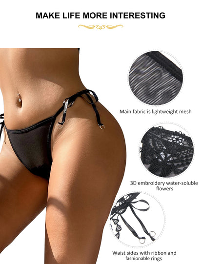 Women Sexy Underwear Solid Black Floral Pattern Hollow Out Low Waist Mini Micro Thong Erotic Beaded Plus Size Panties