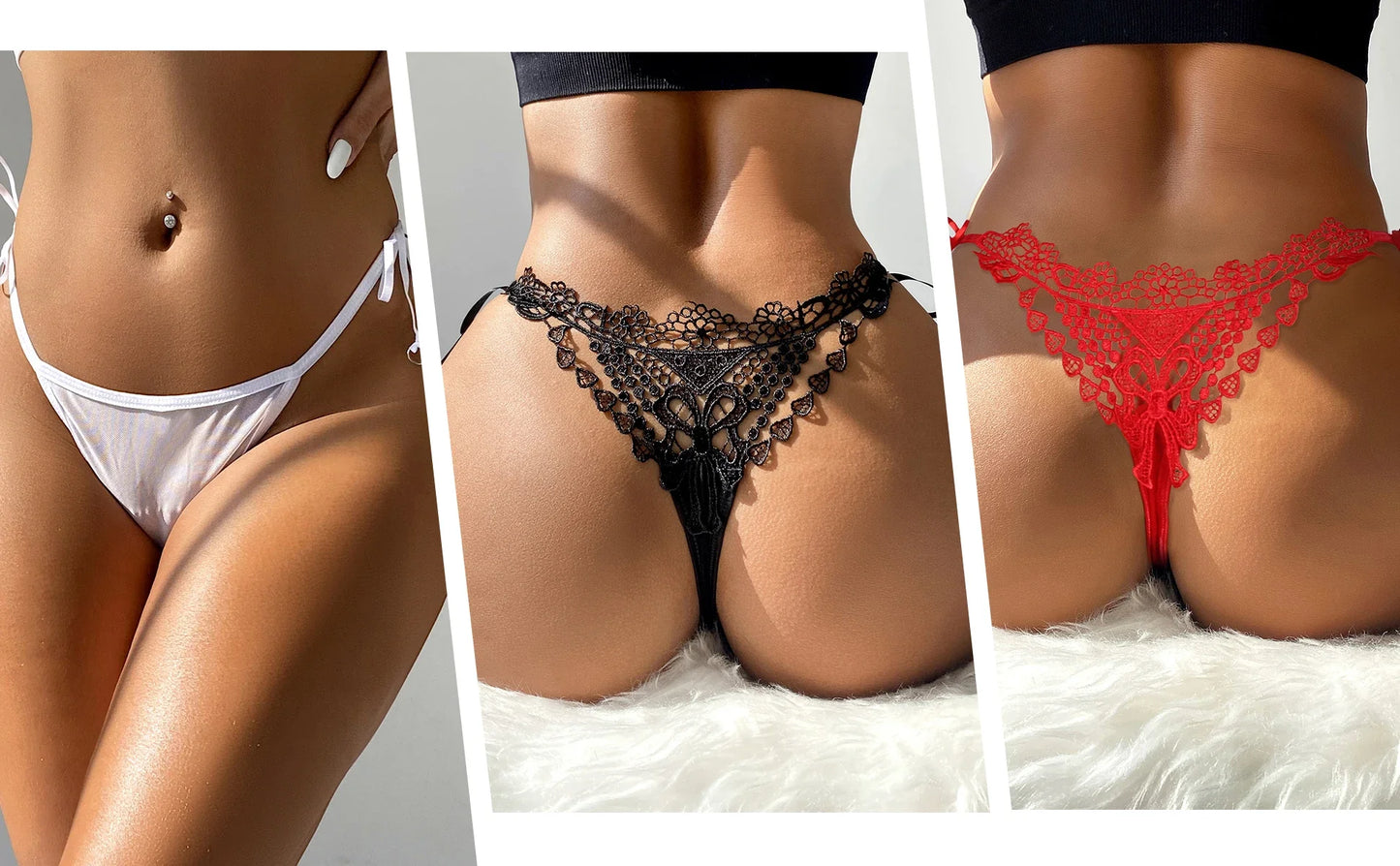 Women Sexy Underwear Solid Black Floral Pattern Hollow Out Low Waist Mini Micro Thong Erotic Beaded Plus Size Panties
