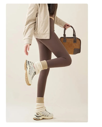 New Autumn Winter Rabbit Fleece Sharkskin Leggings Women Casual Basic Thicken Warm Leggings Brown Fleece Lined Tights