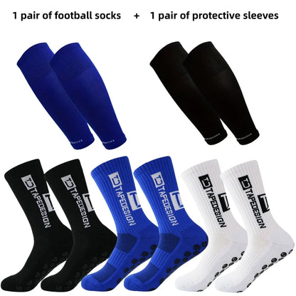 1 pair of football socks+1 pair of protective sleeves Football Socks for Men and Women Anti-Slip Grip Comfortable