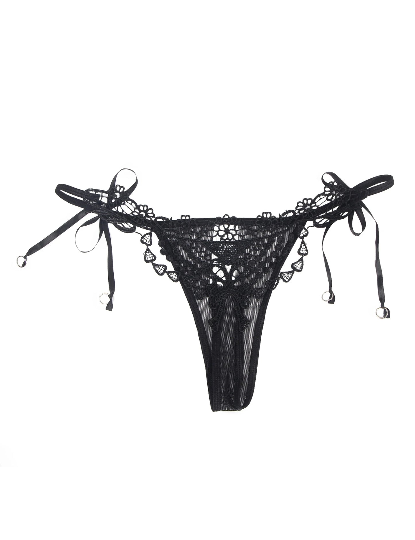 Women Sexy Underwear Solid Black Floral Pattern Hollow Out Low Waist Mini Micro Thong Erotic Beaded Plus Size Panties