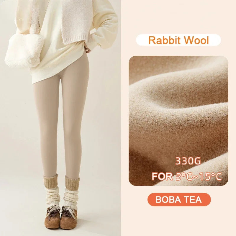New Autumn Winter Rabbit Fleece Sharkskin Leggings Women Casual Basic Thicken Warm Leggings Brown Fleece Lined Tights